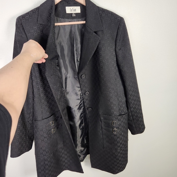 EUC Le Suit Black Embossed Longline Blazer Dress Jacket Coat Career (16) #0364 - Picture 4 of 9